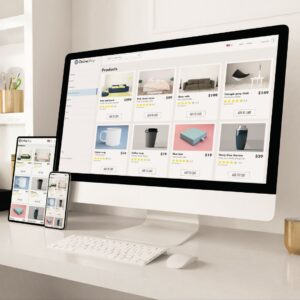Image of an e-commerce shop on a mac screen, tablet and mobile
