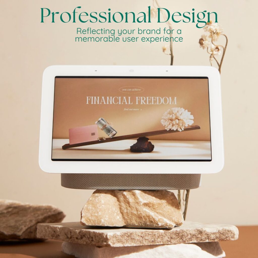 Image of a website on a tablet reading "professional design, reflecting your brand for a memorable user experience"